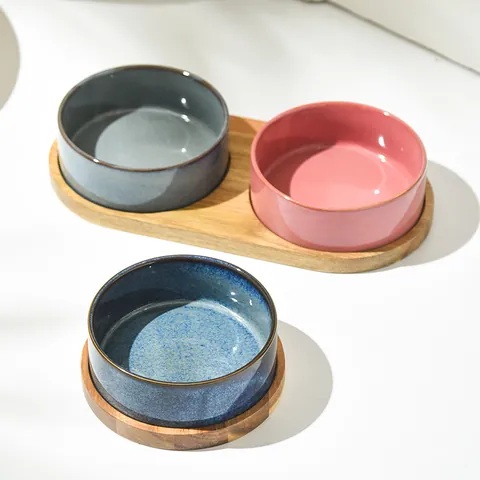Ceramic Pet Bowl With Wood Stand Kiln Glazed Nordic Minimalist Cat Dog Food Water Bowl Elevated Pet Feeding Station