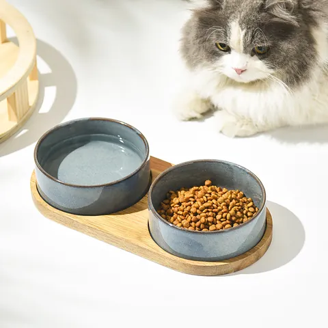 Ceramic Pet Bowl With Wood Stand Kiln Glazed Nordic Minimalist Cat Dog Food Water Bowl Elevated Pet Feeding Station