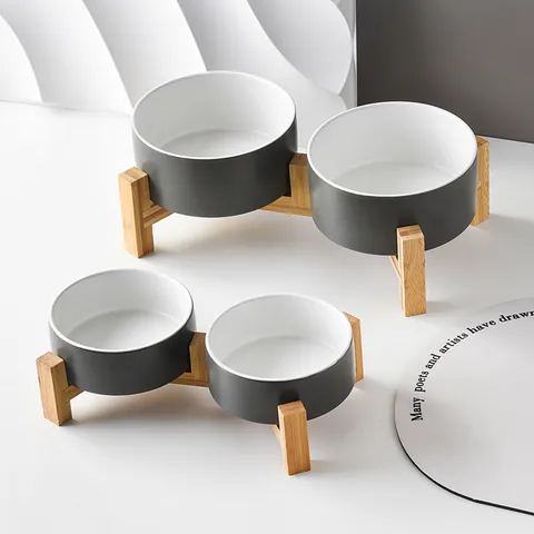 Elevated Ceramic Pet Bowl With Bamboo Wood Stand For Cats Small Dogs Modern Matte Gray White Feeding Watering Dish Cervical Protection