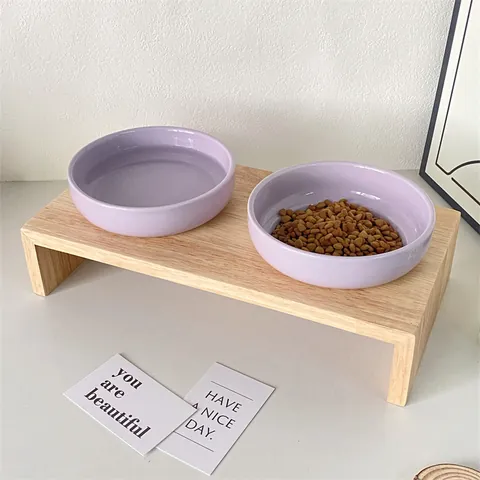 Elevated Ceramic Cat Bowl With Oak Wooden Stand Neck Protection Double Pet Food Water Bowls For Small Dogs Cats Accessory