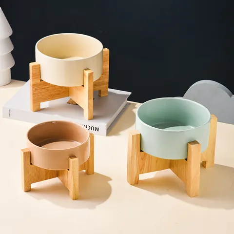 Verhoogde Keramiek Huisdier Bakje Met Houten Standaard Verhoogde Kat Hond Voerbak Ronde Minimalistisch Geglazuurde Voederbak