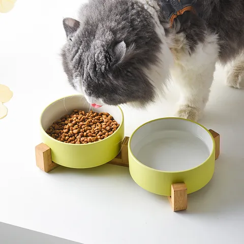 Gamelle pour Animaux en Céramique Avec Support en Bois Nordique Minimaliste Simple Double Gamelle de Nourriture Eau pour Chats Chiens