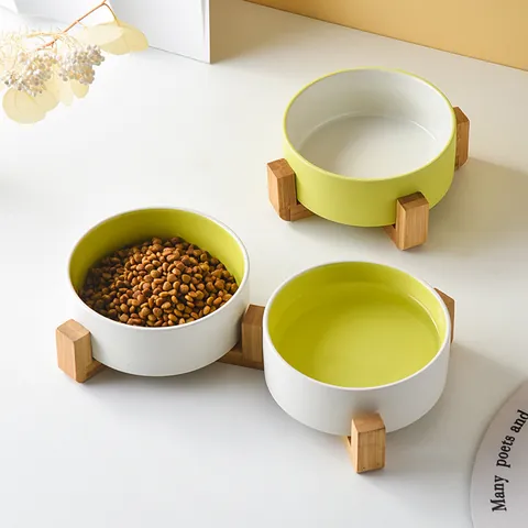 Gamelle pour Animaux en Céramique Avec Support en Bois Nordique Minimaliste Simple Double Gamelle de Nourriture Eau pour Chats Chiens