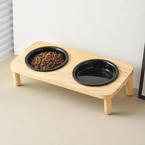 Elevated Ceramic Pet Bowls With Tilted Wooden Stand Double Food Water Feeding Station For Cats Small Dogs Modern Minimalist Design
