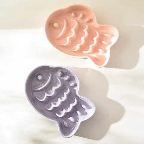 Ceramic Slow Feeder Pet Bowl Taiyaki Fish Shape Dog Cat Feeding Dish Anti Choking Bloat Stop Glazed Pet Water Food Bowl