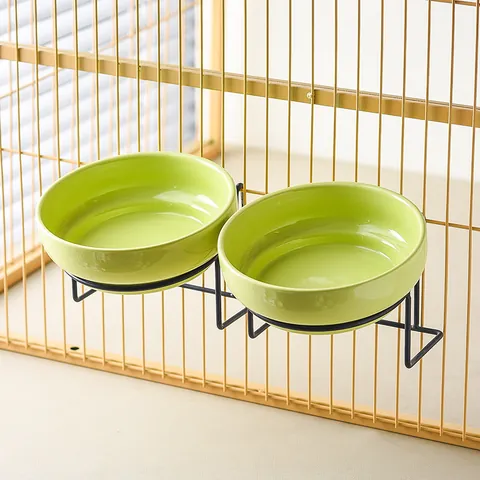 Ceramic Pet Bowl With Hanging Metal Rack Gourd Shaped Elevated Cat Dog Feeder Durable Glazed Bowl For Cage Feeding Accessories