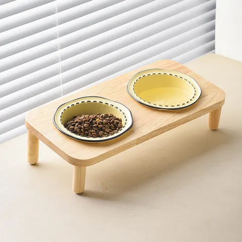 Elevated Ceramic Pet Bowls With Raised Wood Stand For Cats Small Dogs Tilted Double Food Water Feeding Bowls For Neck Protection