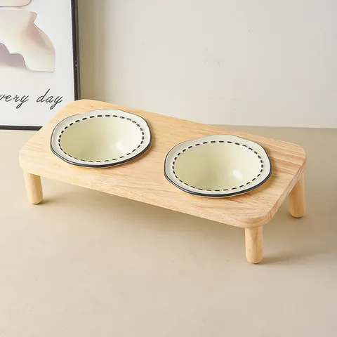 Elevated Ceramic Pet Bowls With Raised Wood Stand For Cats Small Dogs Tilted Double Food Water Feeding Bowls For Neck Protection