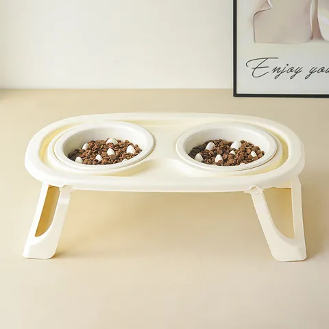 Elevated Cat Bowl Stand With Ceramic Slow Feeder Pet Bowl Foldable Neck Protection Feeding Station Macaron Color Cat Food Water Bowl Set