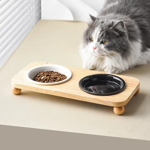 Ciotole in Ceramica per Gatti Rialzate Con Supporto in Legno Doppia Ciotola per Cibo e Acqua Protezione del Collo per Gatti e Cani Piccoli