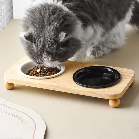 Ciotole in Ceramica per Gatti Rialzate Con Supporto in Legno Doppia Ciotola per Cibo e Acqua Protezione del Collo per Gatti e Cani Piccoli