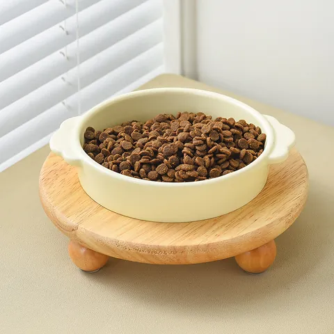 Keramiek Huisdierbak Met Verhoogde Houten Standaard Nekbescherming Wolk Dubbel Oor Kattenbak Voor Katten En Kleine Honden