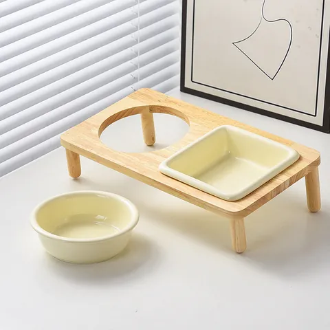 Modern Ceramic Elevated Double Pet Bowls With Oak Wood Stand Non Slip Raised Cat Food Water Bowls For Cats Small Dogs