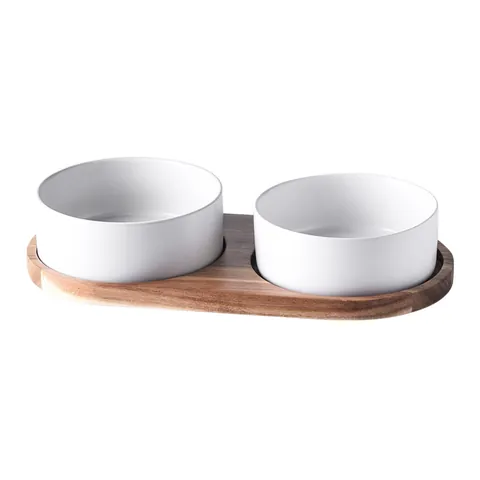 Minimalist Ceramic Pet Bowls With Acacia Wood Tray For Cats Small Dogs Non Slip Matte Feeding Bowls In White Black Gray