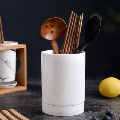 Nordic Minimalist White Ceramic Chopstick Holder With Draining Holes And Base Tray Kitchen Utensil Storage Organizer Jar For Dining Table