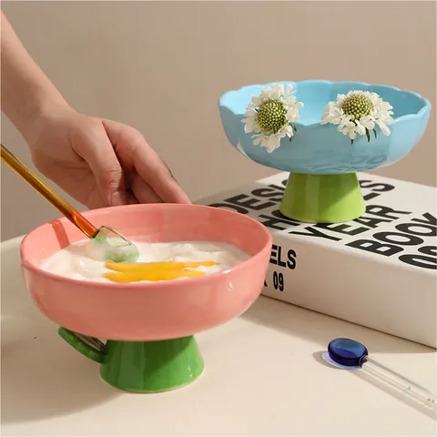 Ceramic Elevated Cat Bowl High Foot Pet Food Water Feeder Slanted Mouth Petal Shape Neck Protection Anti-Vomit Dog Bowl Pet Supplies