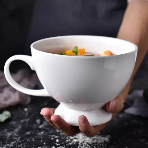 Mug in Ceramica Bianca di Grande Capacità con Piedino Tazza da Colazione in Porcellana Adatta per Microonde e Forno