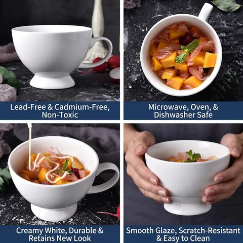 Mug in Ceramica Bianca di Grande Capacità con Piedino Tazza da Colazione in Porcellana Adatta per Microonde e Forno