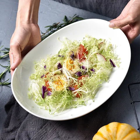 Minimalist White Ceramic Oval Serving Plate Reinforced Porcelain Salad Pasta Dish Modern Dinnerware For Home And Restaurant