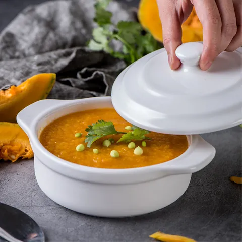 White Ceramic Baking Bowl With Lid Double Handles Round Stew Pot For Soups Desserts Souffle Oven Microwave Safe Kitchen Tableware