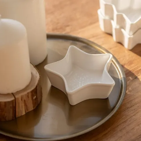 White Ceramic Star Shaped Snack Plate Christmas Snowflake Relief Dish For Sauce Dessert Appetizer Festive Home Decor