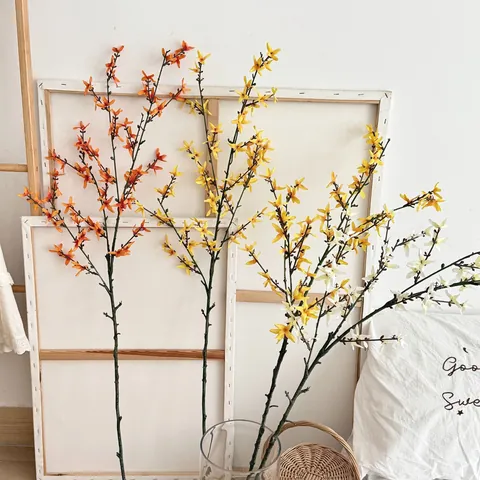 Realistic Artificial Winter Jasmine Flower Stems Satin Fabric Forsythia Long Branch For Home Living Room Wedding Party Decor