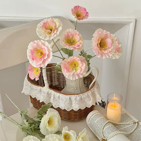 Flor de Amapola de Satén Realista Pétalos Plisados Flores Artificiales para Sala de Estar Boda Decoración Atrezo Foto