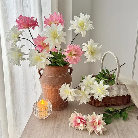 Elegant Dahlia Artificial Satin Flowers Long Stem Branches For Home Table Decor Wedding Photography Props Arrangement