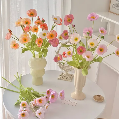 Realistic Artificial Satin Corn Poppy Flowers With Flocked Stem For Home Kitchen Decor Wedding Party Table Arrangement