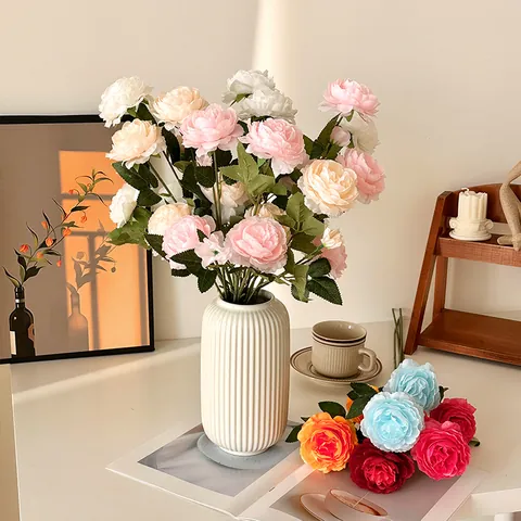 Artificial Ranunculus Satin Flowers Multiple Heads Peony Bouquet For Wedding Home Party Table Decor Realistic Fake Flowers With Leaves