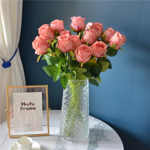 Bulgaria Artificial Satin Rose Flower Bouquet For Home Decoration Wedding Party Realistic Fake Flowers With Green Leaves