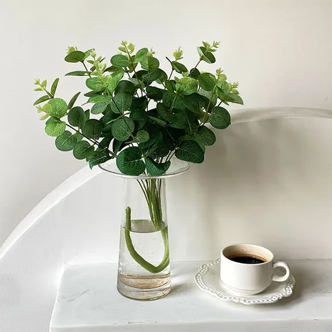 Artificial Eucalyptus Stem Faux Satin Money Leaves Silk Screen Printed Green Plastic Plants Home Wedding Party Photography Decor