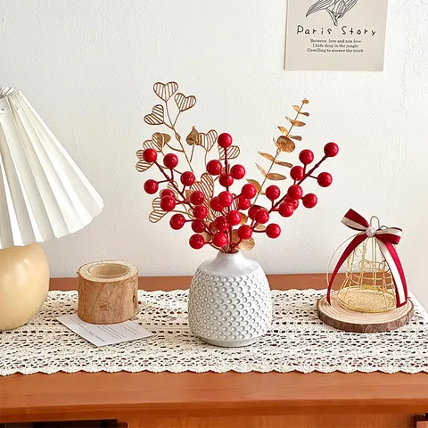 Artificial Red Berry Stems Christmas New Year Home Decor Flower Arrangement Simulation Fruit Branches For Wedding Photography Props