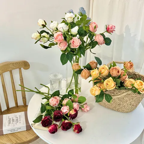 Europäischer Vintage Künstliche Rosenstrauß Mehrköpfig Gebrannte Kante Satin Blumen Für Zuhause Hochzeit Tischdeko Fotografie Requisiten