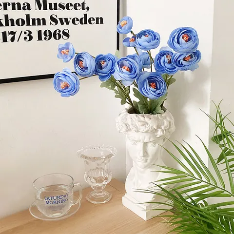 Artificial Persian Buttercup Ranunculus Silk Flower For Home Wedding Table Decor Faux Floral Multi Head Long Stem Branch