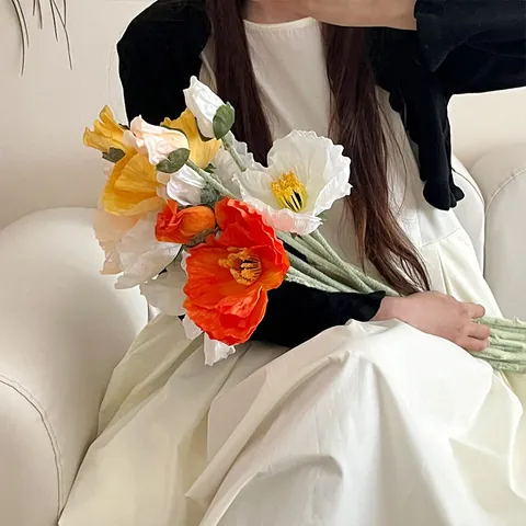 Große Künstliche Seiden Mohnblumen Beflockter Langer Stiel Zwei Köpfe Künstliche Orientalische Mohnblume Für Hochzeit Party Haus Deko Foto Requisiten