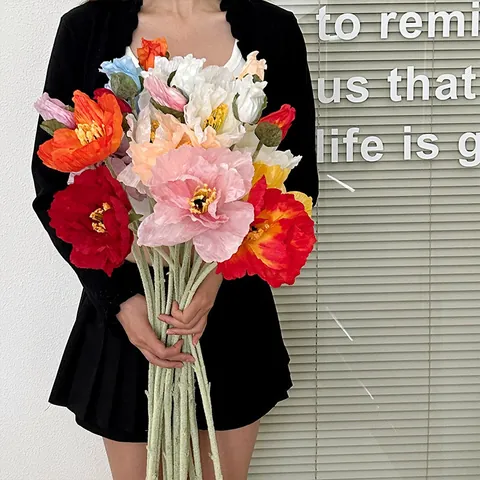 Große Künstliche Seiden Mohnblumen Beflockter Langer Stiel Zwei Köpfe Künstliche Orientalische Mohnblume Für Hochzeit Party Haus Deko Foto Requisiten