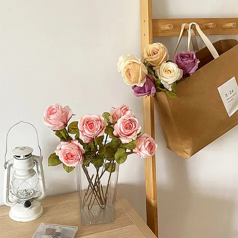 Vintage Burnt Edge Artificial Rose Flower Single Stem Silk Like Fabric Floral Arrangement Home Wedding Party Decoration