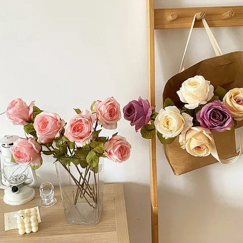 Vintage Burnt Edge Artificial Rose Flower Single Stem Silk Like Fabric Floral Arrangement Home Wedding Party Decoration