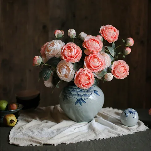 Vintage Oil Painting Style Artificial Peony Flowers Satin Cloth Fake Peony Stems For Home Decor Wedding Photography Props Decorative Floral Arrangement