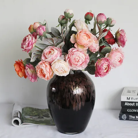 Vintage Oil Painting Style Artificial Peony Flowers Satin Cloth Fake Peony Stems For Home Decor Wedding Photography Props Decorative Floral Arrangement