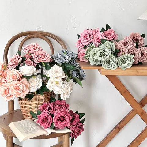 Vintage Kunstmatig Rozenboeket Met Meerdere Koppen Satijnen Stof Kunstbloemen Voor Thuis Bruiloft Hotel Decoratie Esthetisch Retro Bloemen Decor