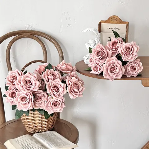 Vintage Kunstmatig Rozenboeket Met Meerdere Koppen Satijnen Stof Kunstbloemen Voor Thuis Bruiloft Hotel Decoratie Esthetisch Retro Bloemen Decor