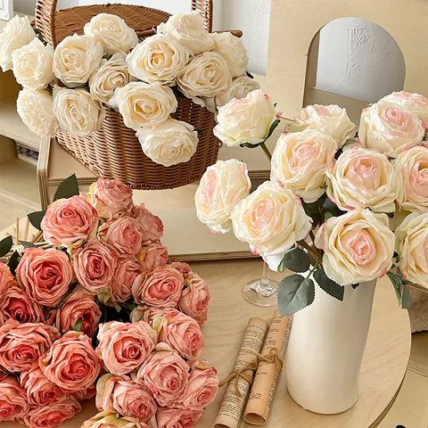 Vintage 7-Head Artificial Rose Bouquet With Burnt Edge Silk Cloth Roses For Wedding Home Party Decoration Photography Prop