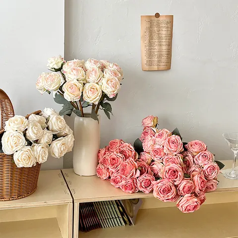 Vintage 7-Head Artificial Rose Bouquet With Burnt Edge Silk Cloth Roses For Wedding Home Party Decoration Photography Prop