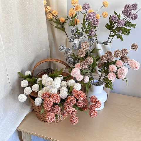 Artificial Dandelion Pom-pom Chrysanthemum Satin Flowers Home Living Room Decoration Autumn Style Fake Flower Wedding Decor Botanical Branch
