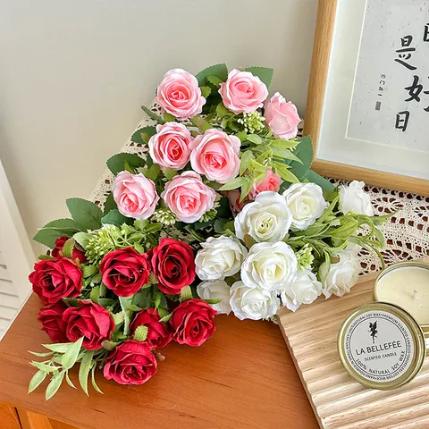 Artificial Rose Bouquet Satin Simulation Flowers For Home Wedding Party Decor Photography Props Korean Style Realistic