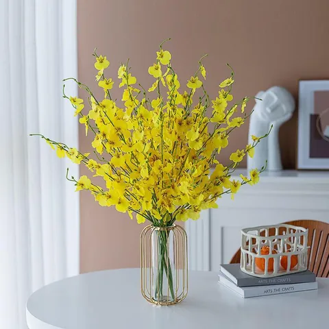Artificial Yellow Dancing Orchid Bouquet Gold Metal Glass Vase Modern Flowers For Home Living Room Table Office Decor