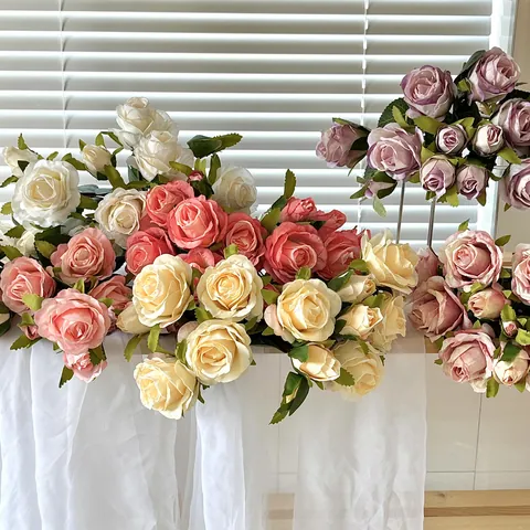 Vintage Burnt Edge Artificial Rose Bouquet Satin Fabric Multi-Head Flowers For Wedding Home Table Decor Photography Props
