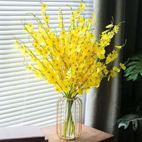 Künstliche Gelbe Tanzende Orchidee Blumenstrauß Gold Metall Glasvase Moderne Blumen Für Wohnzimmer Tisch Heimdekoration